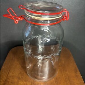 Vintage Rare Anchor Glass Canister Red Hinged Lid Etched Wheat Pattern.USA Made
